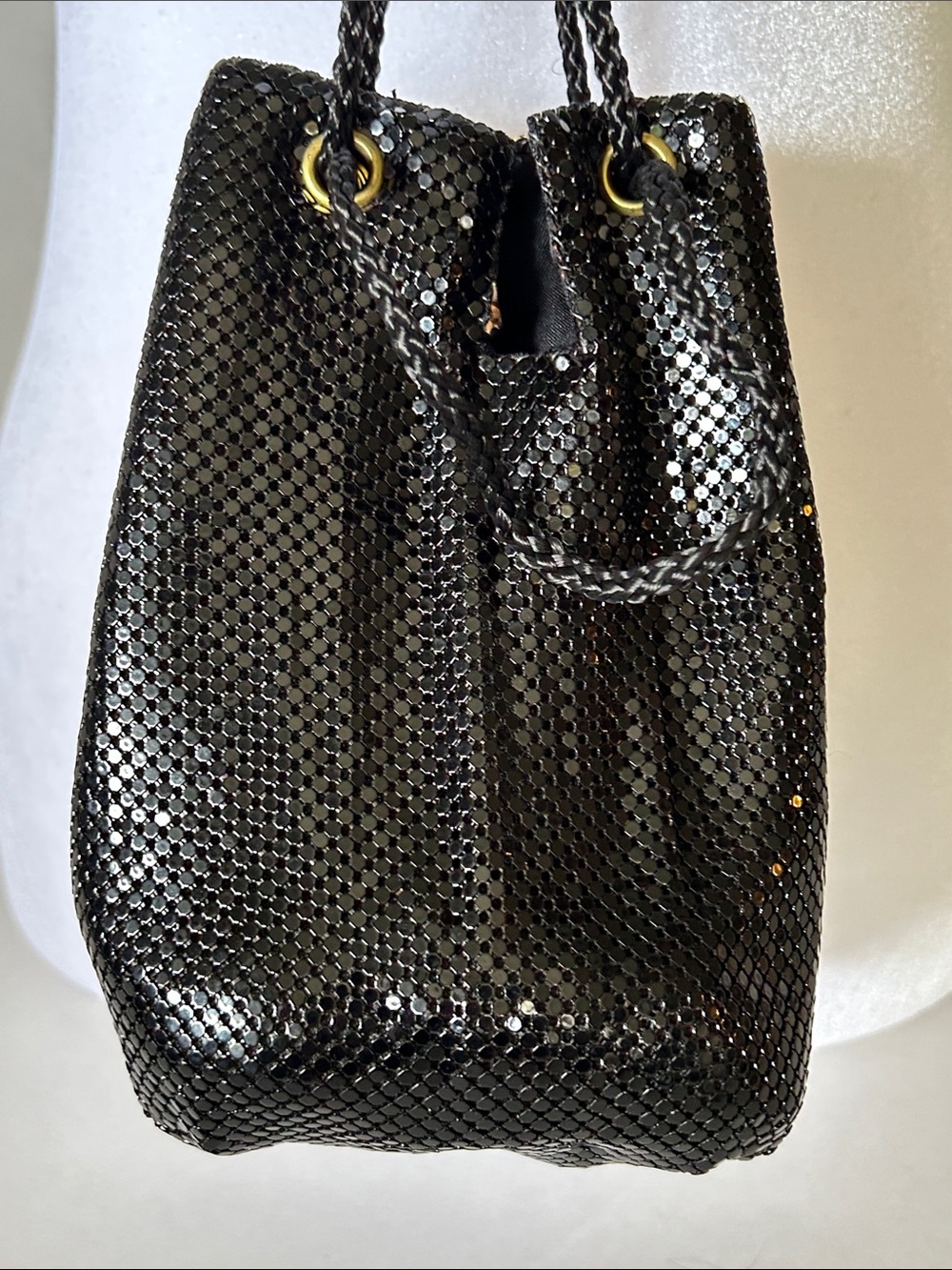 CREATIVE DESIGNS GOLD BLACK METAL MESH DRAWSTRING POUCH OR MINI BUCKET BAG - Picture 5 of 12